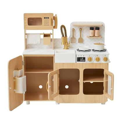 Teamson Kids Little Chef Cyprus Medium Wooden Play Kitchen with Interactive, Realistic Features, and 14 Kitchen Accessories for 3yrs and up, Light Oak/Faux White Marble/Gold