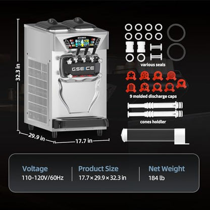 Commercial Soft Serve Ice Cream Machine 3 Flavor, Countertop Soft Serve Machine 22–28 L/hr, 2×6L Hoppers, 110V 1600W, Frozen Yogurt Machine with Pre-Cool, Night Mode, Low Mix Alert, One-Touch Clean