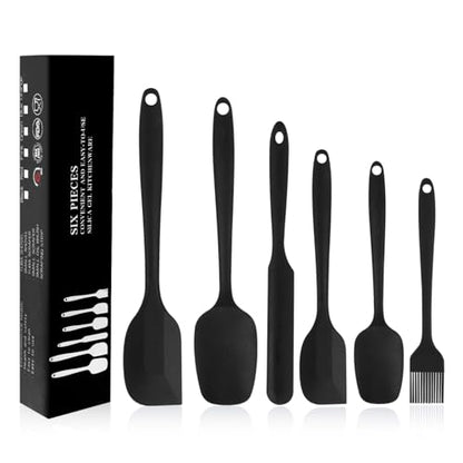 Silicone Spatulas Set of 6, Rubber Spoon Spatula Heat Resistant Spoonula One Piece Design Seamless Spatula Non-Stick Scrapers Baking Mixing Tool (Black)