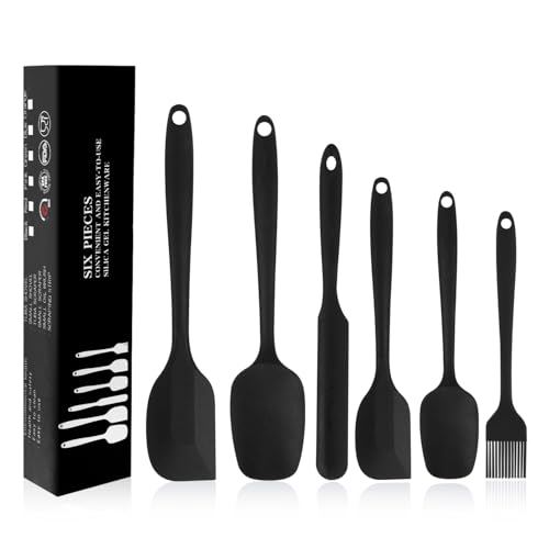 Silicone Spatulas Set of 6, Rubber Spoon Spatula Heat Resistant Spoonula One Piece Design Seamless Spatula Non-Stick Scrapers Baking Mixing Tool (Black)