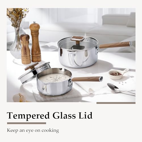 CAROTE1.5Qt & 3Qt Stainless Steel Saucepan Set, Triple Ply Stainless Steel Pot, Saucepan with Glass Lid, Small Sauce Pot with Wooden Handle, Easy Pour Rim, Mothers Day Gifts