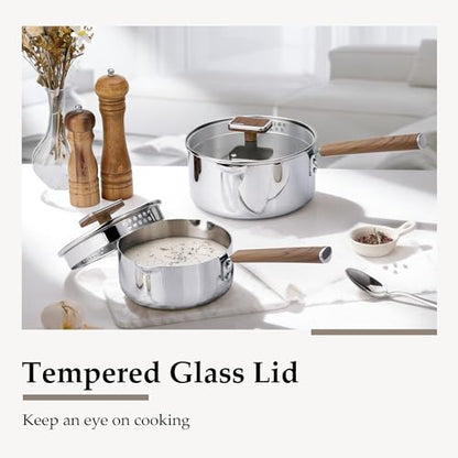 CAROTE1.5Qt & 3Qt Stainless Steel Saucepan Set, Triple Ply Stainless Steel Pot, Saucepan with Glass Lid, Small Sauce Pot with Wooden Handle, Easy Pour Rim, Mothers Day Gifts