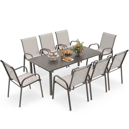 HAPPATIO Outdoor Patio Dining Set, 8 Quick Dry Textilene Dining Chairs and Dining Table with Umbrella Hole, Stackable Textilene Chairs for Garden, Patio and Poolside Backyard, Light Grey
