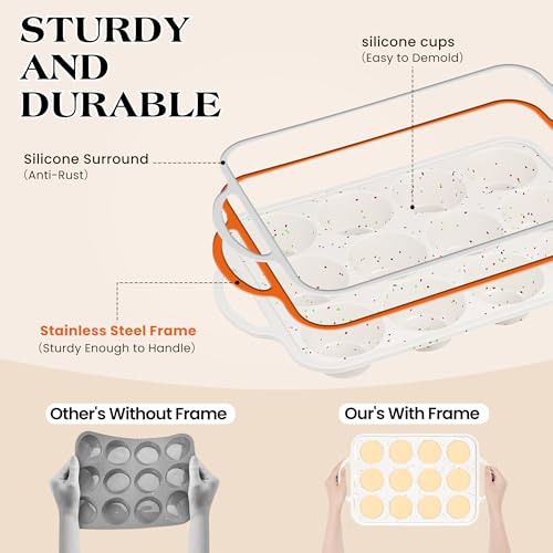 AOTASO Regular 12 Cup and Mini 24 Cup Nonstick Cupcake Pan Set Silicone Muffin Pan for Baking Silicone Cupcake Mold with Metal Reinforced Frame BPA Free (2 Pcs, Cream)