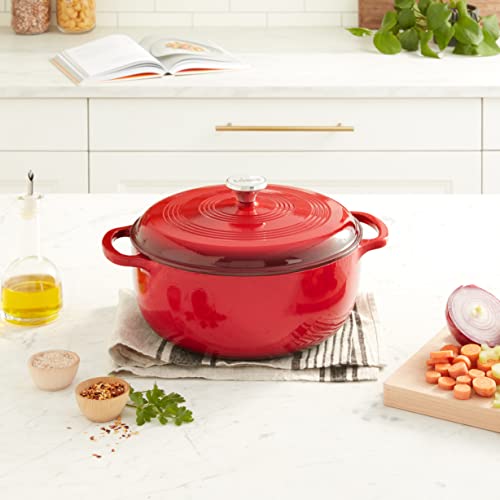 Lodge Essential Enamel Cast Iron Dutch Oven with Lid 7.5 Quart - Oven-Safe Enamel Cookware up to 500° F - Heat-Retaining Braising & Roasting Pot - Non-Toxic Cookware - Island Spice Red