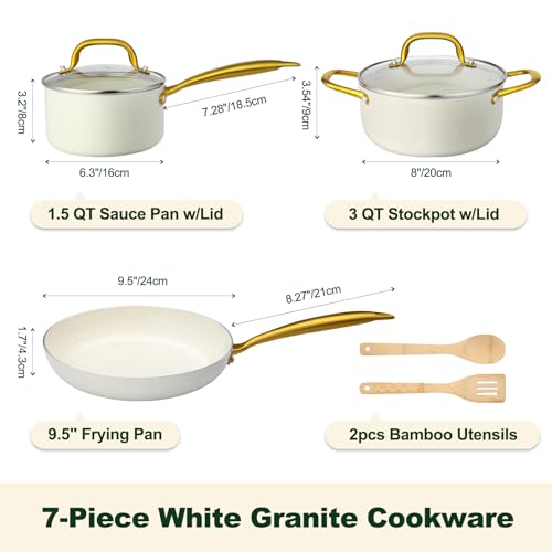 M MELENTA Pots and Pans Set Non Stick, 7 Piece White Granite Induction Cookware Set, Nonstick Kitchen Cooking Set with Gold Handle and Utensil, Oven Safe (PFOS, PFOA Free)