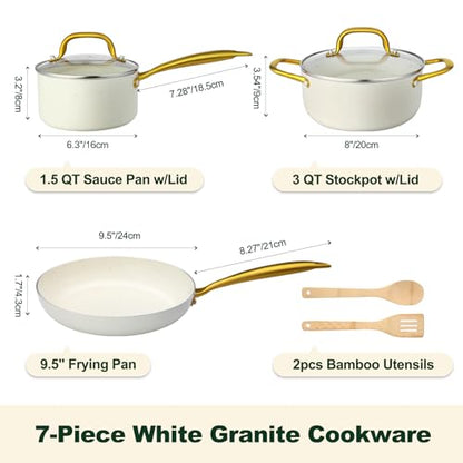 M MELENTA Pots and Pans Set Non Stick, 7 Piece White Granite Induction Cookware Set, Nonstick Kitchen Cooking Set with Gold Handle and Utensil, Oven Safe (PFOS, PFOA Free)