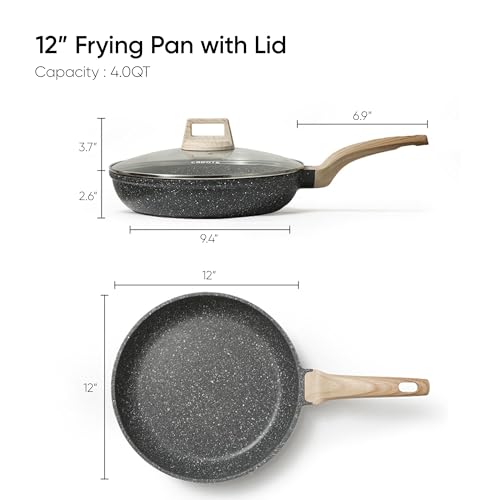 CAROTE Non Stick Frying Pan Skillet,12" Nonstick Fry Pan with Glass Lid, Egg Pan Omelet Pans, Granite Cookware Chef's Pan, PFOA Free (Classic Granite, 12-Inch)