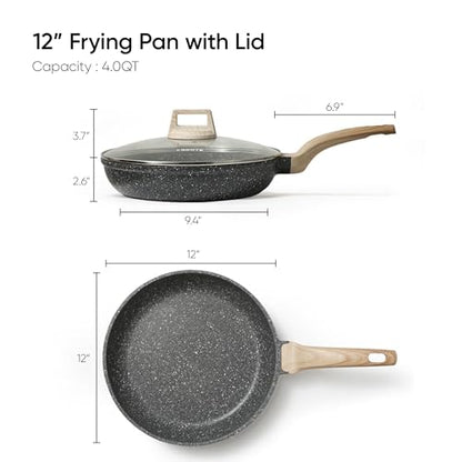 CAROTE Non Stick Frying Pan Skillet,12" Nonstick Fry Pan with Glass Lid, Egg Pan Omelet Pans, Granite Cookware Chef's Pan, PFOA Free (Classic Granite, 12-Inch)