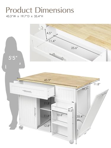 OtterOasis Kitchen Island with Storage, 43.3" Rolling Kitchen Island Cart on Wheels with Wide Drop Leaf Rubberwood Top, Large Mobile Island Table with Trash Can Storage and Towel Bar, White