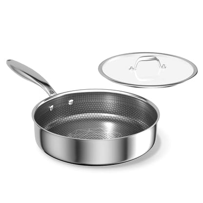 COOKER KING 3.6-Quart Hybrid Stainless Steel Sauté Pan with Lid, 10" Tri-Ply Clad Deep Frying Pan, Non-Stick & Non-Toxic Skillet for Egg, Cake, Seafood, Induction Compatible, Oven & Dishwasher Safe