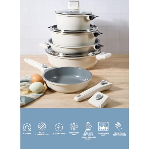 Sur La Table Kitchen Essentials 13 Piece Detachable Handle Pots and Pans Premium PFA Free Premium Ceramic Non Stick Induction Safe and Secure Removable Handle Cookware Set - Eggshell White
