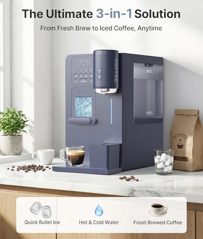 EXNOS 3-in-1 Water Dispenser with Ice Maker - Hot/Cold/Warm Water, Adjustable Water Volume, Countertop, Compact Coffee Brewer for Home & Office, Deep Navy