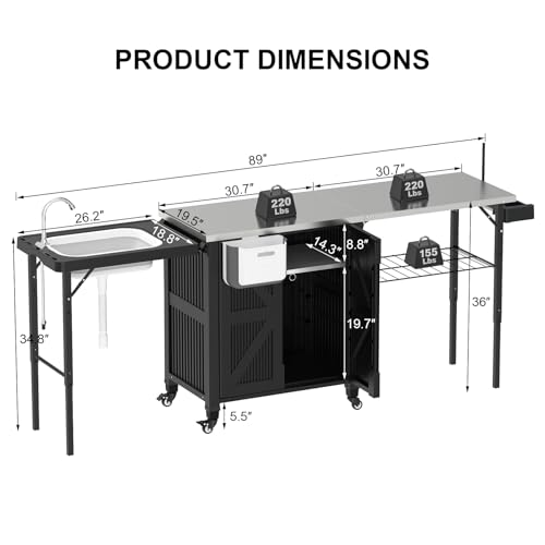 IWDOO Outdoor Kitchen Island with Storage Cabinet, 3-in-1 Movable Grill Cart with Stainless Steel Tabletop, 4 Swivel Wheels, Foldable Sink Rolling Bar Table Cart BBQ Food Prep Station for Patio, Black