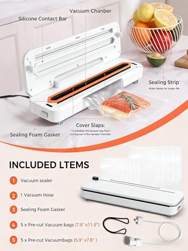 Vacuum Sealer Machine 75KPa Food with 6-in-1 Dry/Moist Modes & Digital Timer, Compact Lightweight Design, Built-in Cutter + 10 Bags (white)