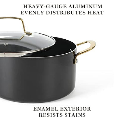 Martha Stewart Lockton 14 Piece Premium Non-Stick Heavy-Gauge Aluminum Cookware Combo Set (Pots, Pans, and Tools) - Black w/Gold Handles