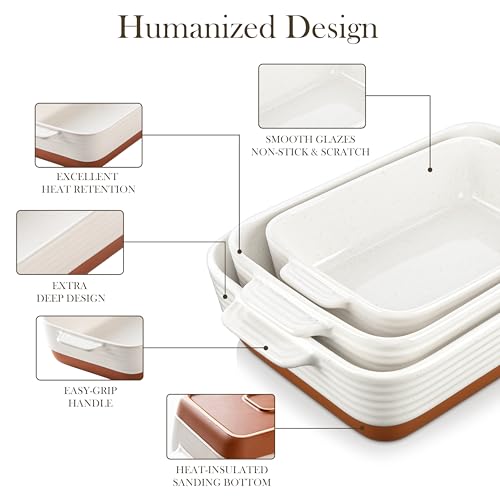 MALACASA Casserole Dishes for Oven, Ceramic Baking Dishes Set of 3, Baking Pan Casserole Dish Set, Rectangular Lasagna Pan Deep with Handles for Baking, Khaki White (14.5''/13''/10.5''), Series TARA