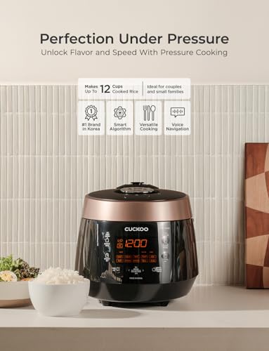 CUCKOO High Pressure Rice Cooker 6-Cup Uncooked / 12-Cup Cooked with Nonstick Inner Pot, Versatile Rice Maker with 12 Menu Options and Steam Plate, Fuzzy Logic Tech, Voice Guide, Black (CRP-P0609S)
