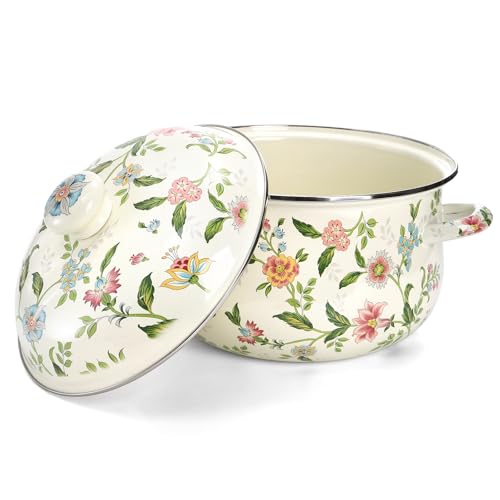Jucoan 5 Quart Enamel Stockpot with Lid, Green Floral Enamelware Cooking Pot with Dual Handles for Stovetop, Large Soup Pot Potpourri Simmer Pot Gift for Housewarming Bridal Shower Mother's Day