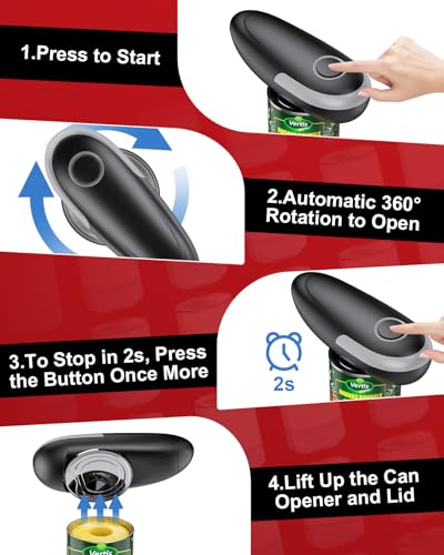 Electric Can Opener Fits All Can Sizes, Electric Can Openers for Kitchen Food Safe with Smooth Edge, Kitchen Gadgets Battery Operated Can Openers for Seniors, Arthritis and Chef Black+Grey