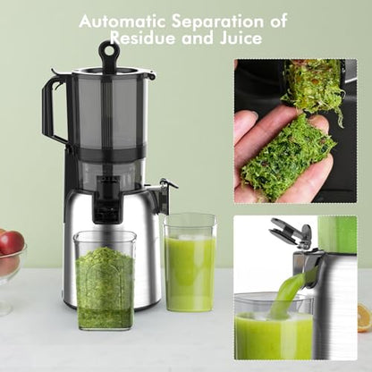 Kismile 300W Cold Press Juicer, 5.4" Wide Feed Chute, Slow Masticating Juicer Machines Vegetable and Fruit, Electric Juicers Juice Maker with Reverse Function, Stainless Steel Juicer Easy to Clean