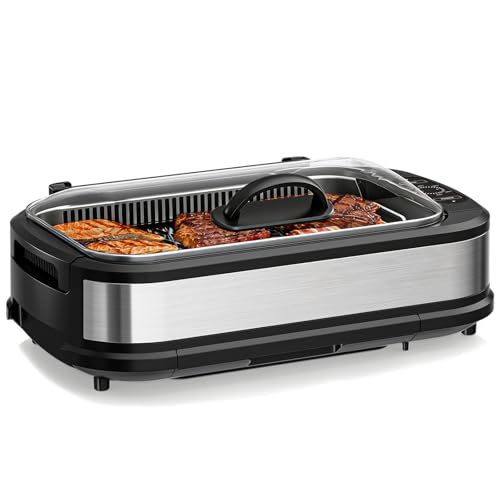 Electactic Smokeless Electric Grill & Griddle for Indoor Cooking, Nonstick Contact Grill with 6-Level Temperature Control, Dishwasher Safe Plates, Auto Shut-Off, Ideal for Kitchen, Apartment, Home