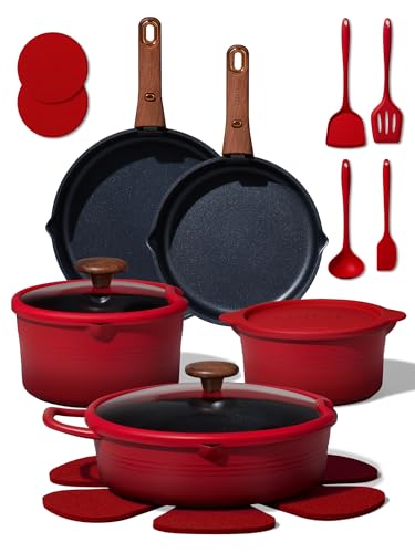 CAROTE 20Pcs Titanium Cookware Set, Pots and Pans Set Non Stick, Kitchen Cooking Set with Detachable Handle, Non Toxic Induction Cookware - Camping Cookware, Dishwasher/Oven Safe, Red