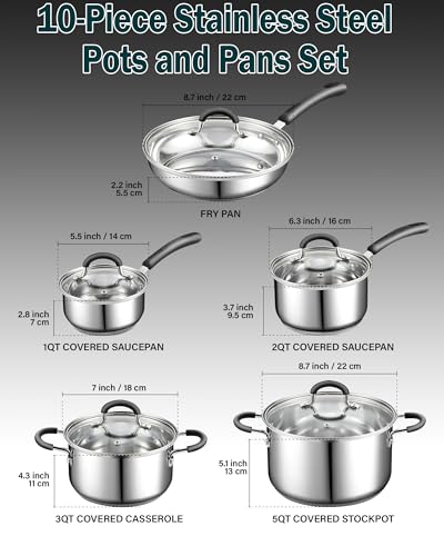Cook N Home 12-Piece Basics Stainless Steel Cookware Set, Tri-ply Pots and Pans Set with Lids - Non-Toxic, Induction Ready, Oven & Dishwasher Safe