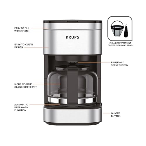 KRUPS Simply Brew Compact 5 Cup Coffee Maker: Stainless Steel Design, Pause & Brew, Keep Warm, Reusable Filter, Drip-Free Carafe