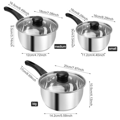 Stainless Steel Pot Set with Lid 6pcs,Sauce Pans 1QT & 2QT & 3QT Set,Triply Bottom Stainless Steel Pot Set