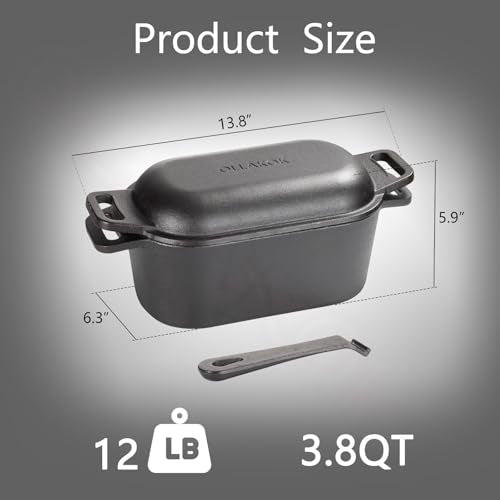 OLLAKOK 2-in-1 Pre-Seasoned Cast Iron Dutch Oven Pot with Lid as Skillet, Grill Pan, with Lid Lever, Dual Loop Handles, Oval Heavy Dutch Oven for Bread Baking, Frying, Camping, BBQ, 3.8 QT Black