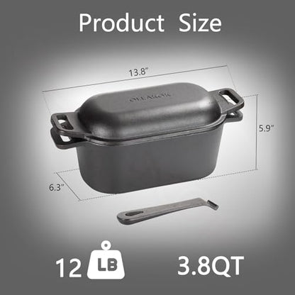 OLLAKOK 2-in-1 Pre-Seasoned Cast Iron Dutch Oven Pot with Lid as Skillet, Grill Pan, with Lid Lever, Dual Loop Handles, Oval Heavy Dutch Oven for Bread Baking, Frying, Camping, BBQ, 3.8 QT Black