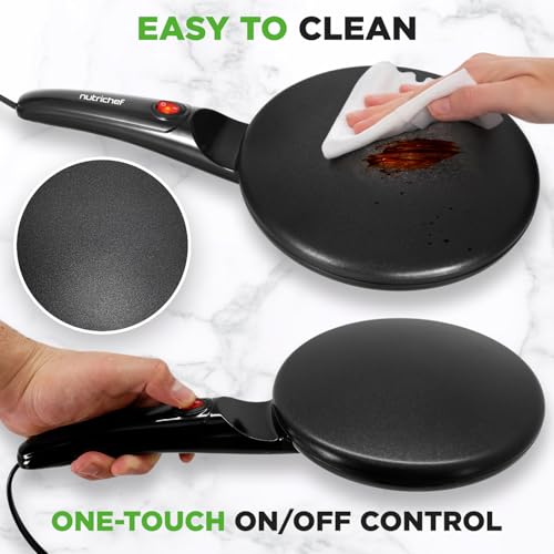 Nutrichef Electric Crepe Maker | 8-inch Nonstick Cooktop with On/Off Switch | Cooks Roti, Tortillas & Pancakes | Automatic Temperature Control & Cool Touch Handle | Includes Food Bowl, Whisk & Spatula