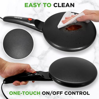 Nutrichef Electric Crepe Maker | 8-inch Nonstick Cooktop with On/Off Switch | Cooks Roti, Tortillas & Pancakes | Automatic Temperature Control & Cool Touch Handle | Includes Food Bowl, Whisk & Spatula