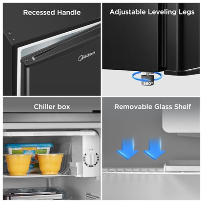 Midea WHS-65LB1 Mini Fridge, 1.6 Cu.ft Energy Star Certified Mini Refrigerator, Adjustable Thermostat, Reversible Door, Low Noise for Dorm, Office, Bedroom, Black