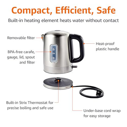Amazon Basics Electric Stainless Steel Kettle for Tea and Coffee, BPA-Free, Fast Boiling, Auto Shut-Off, 1 Liter, 1500W, Black and Silver