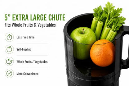 Zulay Kitchen Juicer Machine with 5" Wide Feed Chute, Cold Press Slow Masticating Juicer for Whole Fruits & Vegetables, Easy to Clean Stainless Steel Blades, High Juice Yield - Black