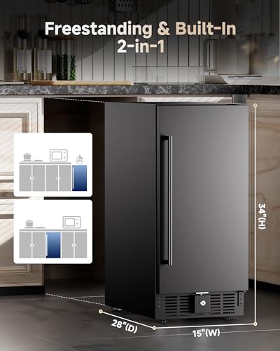 15 Inch Under Counter Beverage Refrigerator, Outdoor Fridge with 127 Cans Large Capacity & Glass Shelves, Built-in or Freestanding, Small Beverage Refrigerator for Patio & Outdoor Kitchen (Black)
