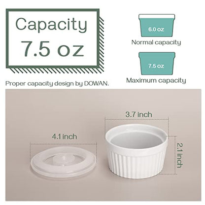 DOWAN Ramekins with Lids 6 oz Oven Safe, Creme brulee Souffle Dishes Ramekin with Covers, Porcelain Bowls for Baking Custard Cups, Set of 6, White