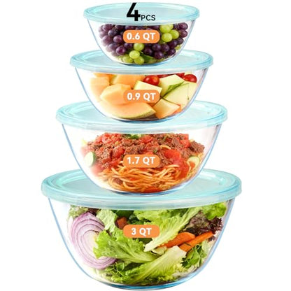 YUANYE 4 Pack Glass Mixing Bowls with Lids Set (3/1.7/0.9/0.6QT),Thick Glass Large Salad Bowl Set, Nesting Kitchen Bowls for Serving, Prepping, Cooking and Baking, Dishwasher, Oven,Microwave Safe