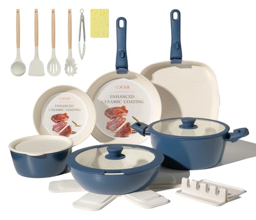 23Pcs Ceramic Cookware Set Non Stick Pots and Pans Set Non Toxic with Detachable Handle Induction Kitchen Cookware Set Space Saving, Oven & Dishwasher Safe, Navy