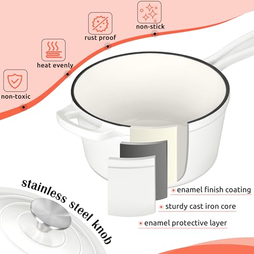 HaSteeL 3 QT Cast Iron Saucepan, Enamel dutch oven with lid, Small Non Stick Pan for Milk, Pasta Tomato Sauce, Butter, Breakfast, Soup, Suitable for Boiling Stewing Frying, Easy to Clean, White