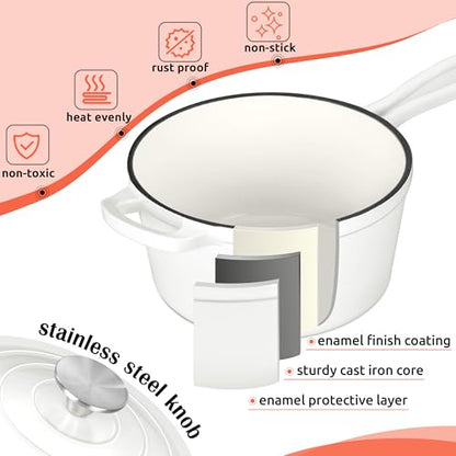 HaSteeL 3 QT Cast Iron Saucepan, Enamel dutch oven with lid, Small Non Stick Pan for Milk, Pasta Tomato Sauce, Butter, Breakfast, Soup, Suitable for Boiling Stewing Frying, Easy to Clean, White