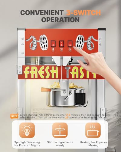 32 Oz Commercial Popcorn Machine, Large Popcorn Maker Machine, Movie Theater Countertop Pop Corn Machine with 3-Switch Control & Tempered Glass Doors, Red
