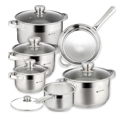 Daniks Standard 11-Piece Stainless Steel Cookware Set with Glass Lids, Includes Saucepan with Lid and Frying Pan, Tri-Ply Bases for Even Heating, Induction Compatible, Dishwasher Safe, Silver