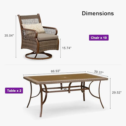 PURPLE LEAF Outdoor Dining Set for 10 All Weather Wicker Patio Dining Set with Hand-Woven Rattan Swivel Dining Chais and Rectangular Aluminum Table for Garden Deck Backyard Kitchen