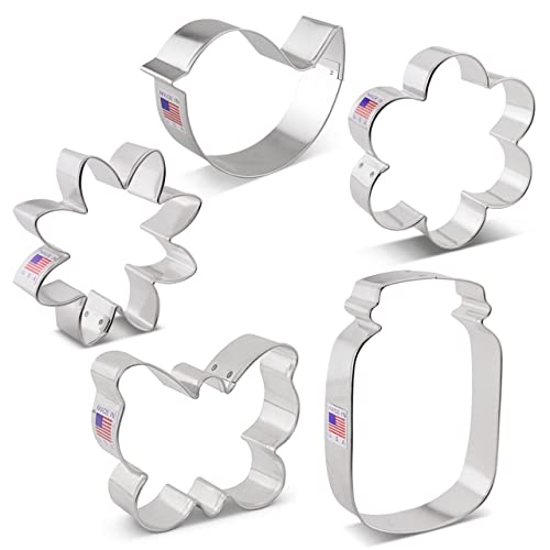 Ann Clark 5-Pc Mother's Day Flower Garden Cookie Cutter Set Made in USA, Butterfly, Bird, Flower, Daisy, Mason Jar