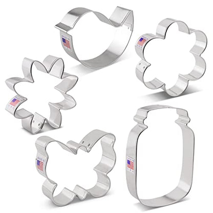 Ann Clark 5-Pc Mother's Day Flower Garden Cookie Cutter Set Made in USA, Butterfly, Bird, Flower, Daisy, Mason Jar