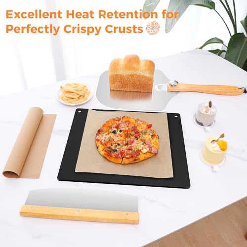 Large Cast Iron Pizza Stone Set for Oven & Grill - 16x13.4x1/4 Inch Steel Pizza Baking Stone, 4 PCS Pizza Making Accessories Kit for Barbecue, Sourdough Bread & Large Pizzas
