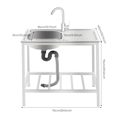 KWCWB Utility Sink,Outdoor Sink,Free Standing Stainless Steel Laundry Tub,with Cleaning Table&Storage Shelves for Garage, Restaurant, Kitchen,Camping, Backyard